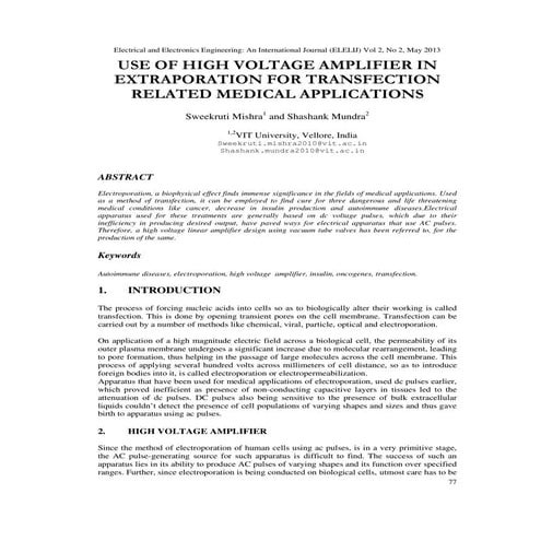 USE OF HIGH VOLTAGE AMPLIFIER IN EXTRAPORATION FOR TRANSFECTION RELATED MEDIC...
