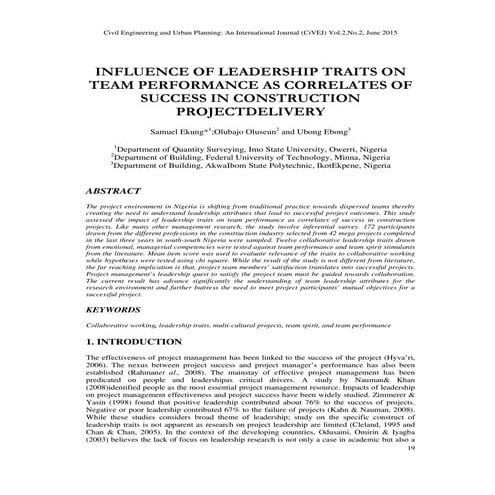 Influence of Leadership Traits on Team Performance as Correlates of Success in Construction Project Delivery 
