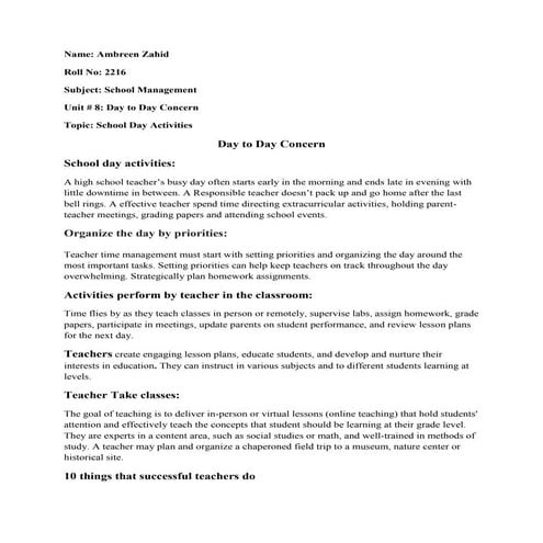 Unit 8 Day to day concerns topic school day activities