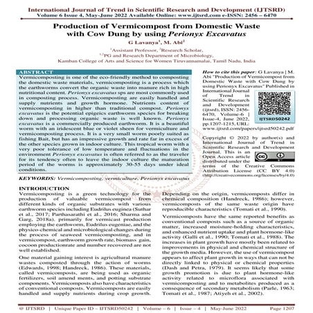 Production of Vermicompost from Domestic Waste with Cow Dung by using Periony...