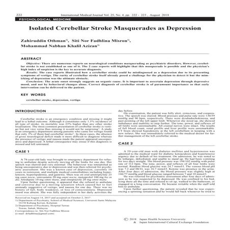 Isolated Cerebellar Stroke Masquerades as Depression