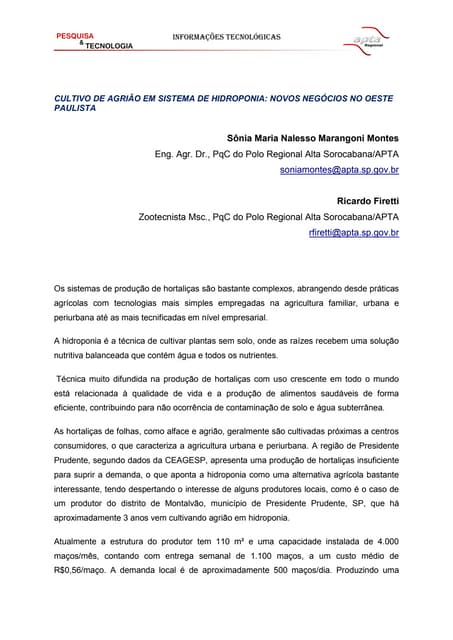 Novos Negócios: Cultivo de Agrião e...