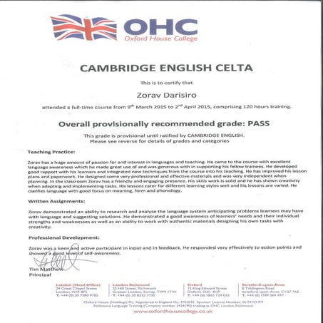 Cambridge English CELTA certificate | PDF