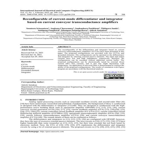Reconfigurable of current-mode differentiator and integrator based-on current...