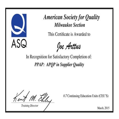 ASQ Milwaukee CEU Certificate for PPAP Training | PPT