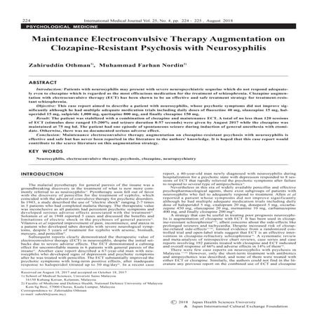 Maintenance Electroconvulsive Therapy Augmentation on Clozapine-Resistant Psy...