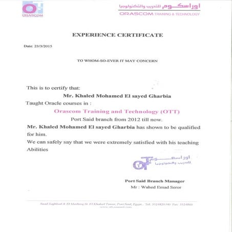 Orascom Exprience Certificate | PDF