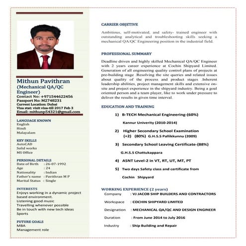 Mithun Pavithran Mechanical QAQC Engineer 1