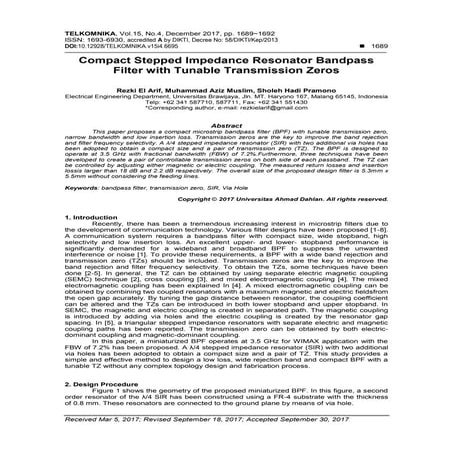 Compact Stepped Impedance Resonator Bandpass Filter with Tunable Transmission...