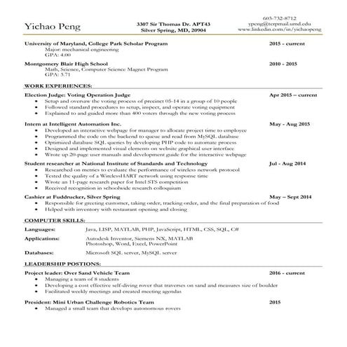 Resume Fall 2016 | PDF