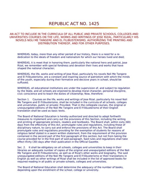 Republic Act No. 1425 (Rizal Law) | PPT