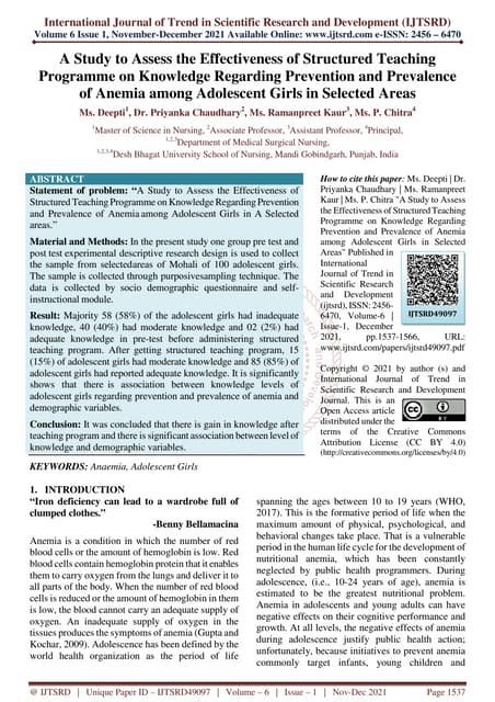 A Study to Assess the Knowledge Regarding Iron Deficiency Anemia among ...