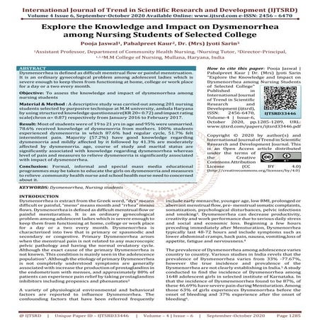 Explore the Knowledge and Impact on Dysmenorrhea among Nursing Students of Se...