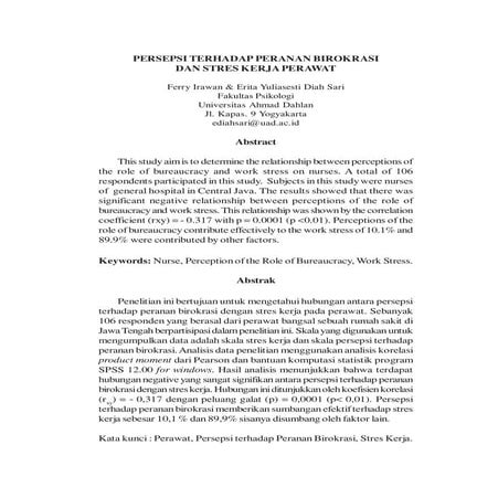 JURNAL PERSEPSI TERHADAP PERTAHANAN BIROKRASI DAN STRES KERJA PERAWAT