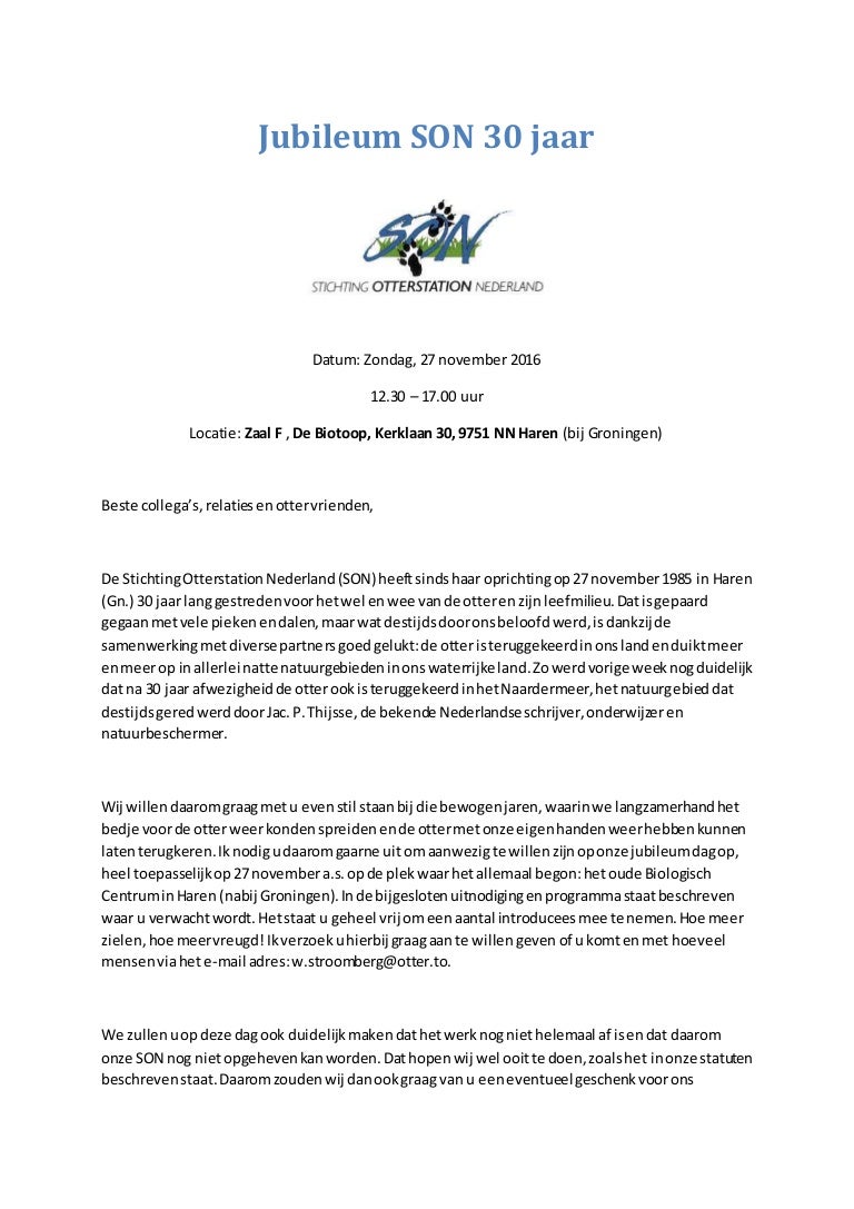 brief Jubileum SON 30 jaar
