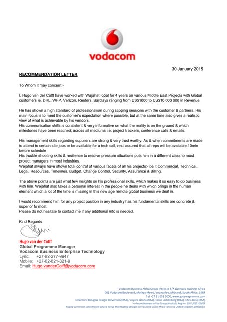 VODACOM Recomendation Letter