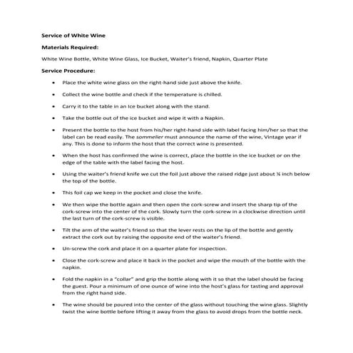 Service of wines & matching wines with food