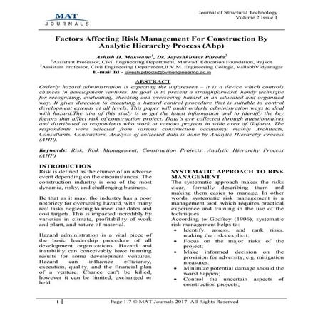Factors Affecting Risk Management For Construction By Analytic ...