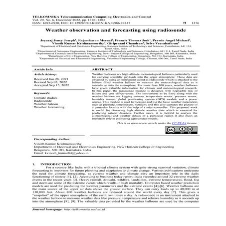 Weather observation and forecasting using radiosonde