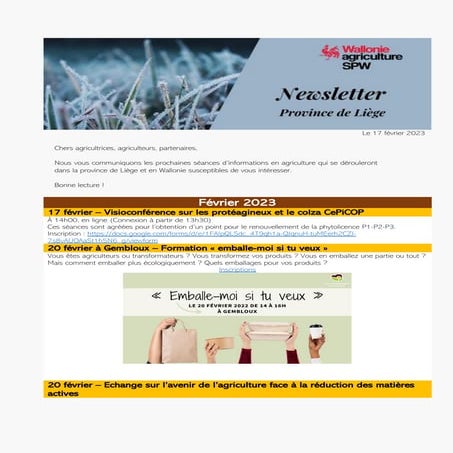 Newsletter SPW Agriculture en province de Liège du 17-02-23