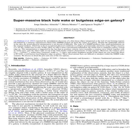 Super-massive black hole wake or bulgeless edge-on galaxy?