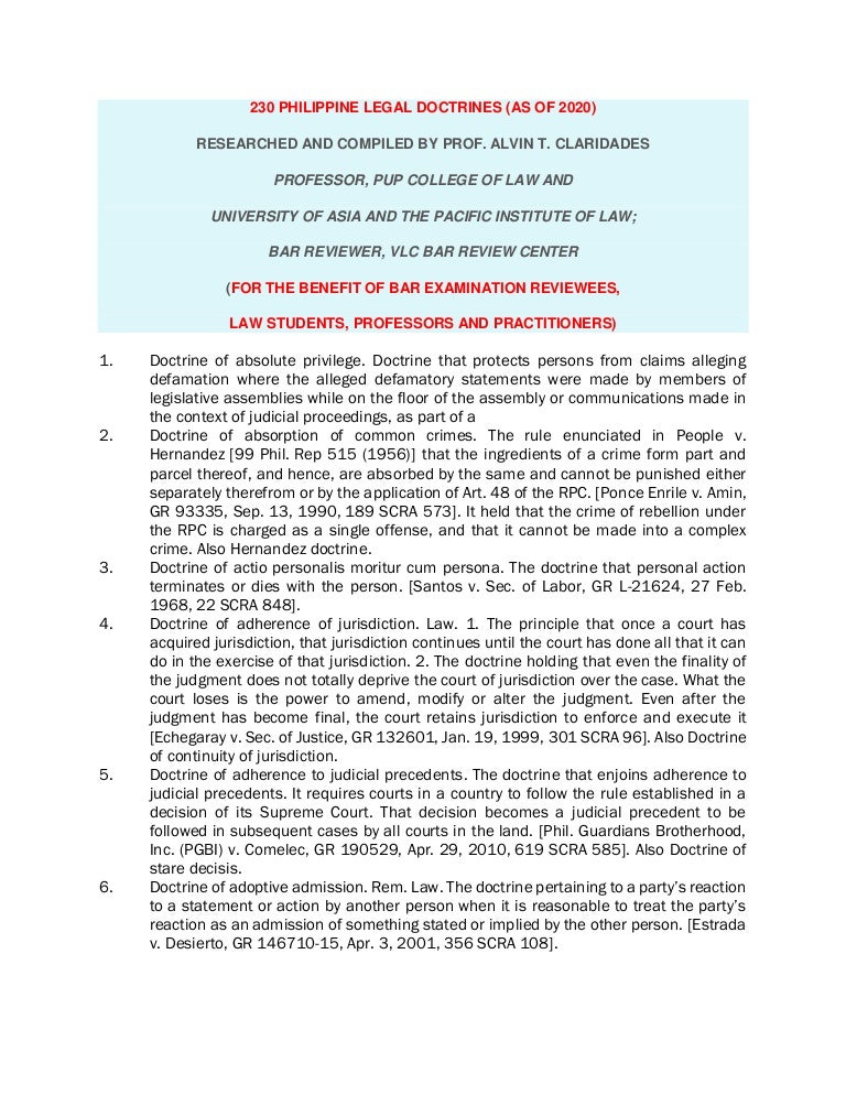 230 Philippine Legal Doctrines As Of 2020 Researched And Compiled B