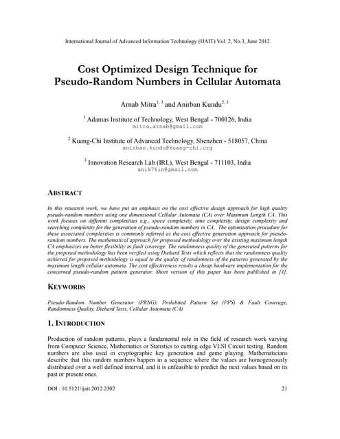 Cost Optimized Design Technique for Pseudo-Random Numbers in Cellular Automata