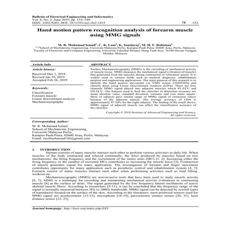 Hand motion pattern recognition analysis of forearm muscle using MMG signals