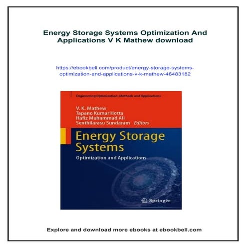 Energy Storage Systems Optimization And Applications V K Mathew | PDF