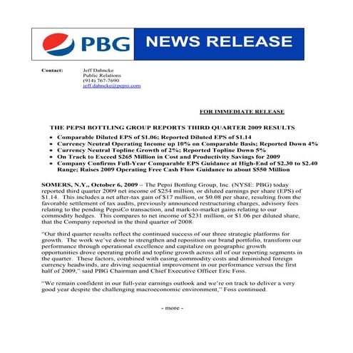 Q3 2009 Earning Report of Pepsi Bottling Group