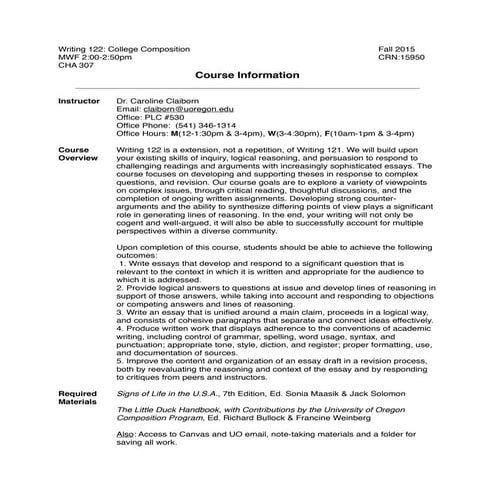 Comp 122 Syllabus CRN 15950 Fall 2015