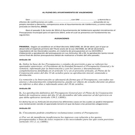 Alegaciones a los presupuestos municipales 2014 Ayto Valdemoro presentadas por la PACDValdemoro