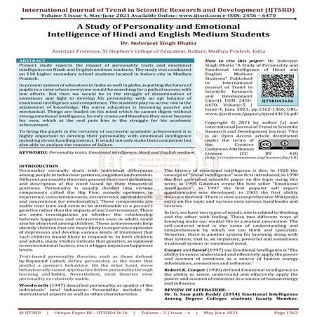 A Study of Personality and Emotional Intelligence of Hindi and English Medium...
