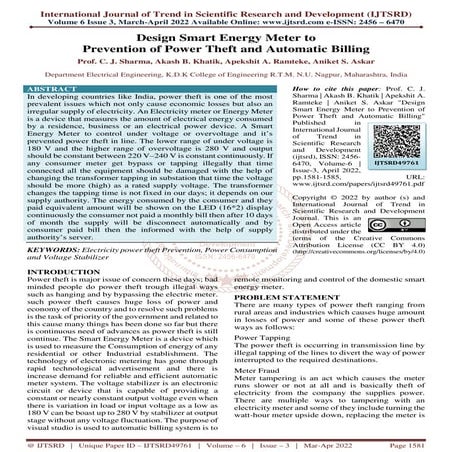 Design Smart Energy Meter to Prevention of Power Theft and Automatic ...