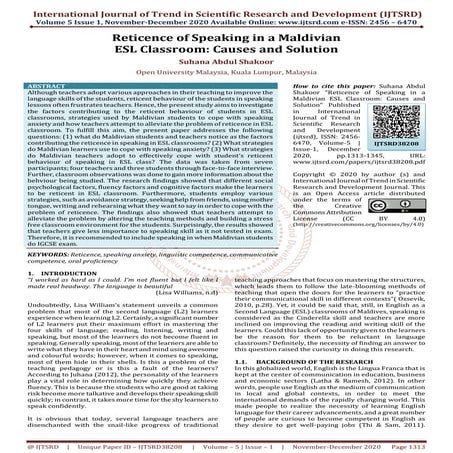 Reticence of Speaking in a Maldivian ESL Classroom Causes and Solution