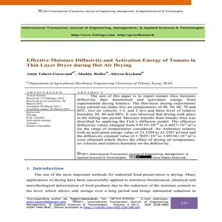 Effective Moisture Diffusivity and Activation Energy of Tomato in Thin Layer ...