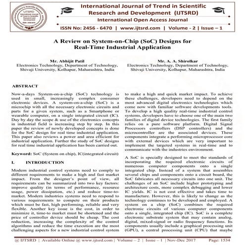 A Review on System-on-Chip (SoC) Designs for Real-Time Industrial Application