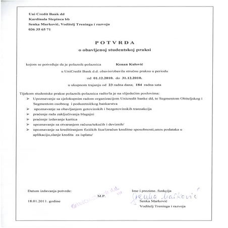 Potvrda Uni Credit Bank