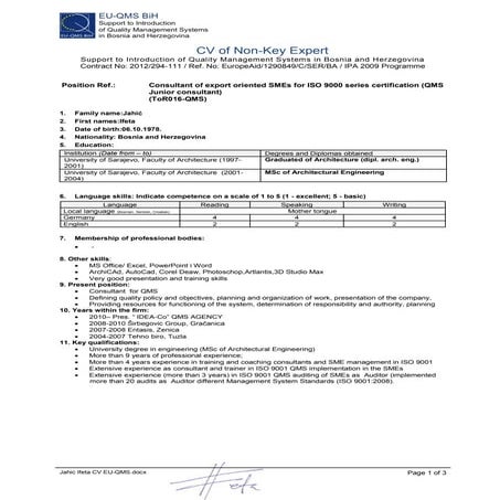 Jahic Ifeta CV (NKE-J consultant) | PDF