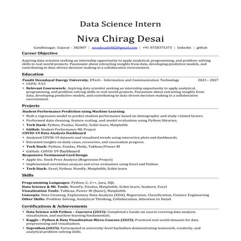 Roll no : 23BIT155 Name : Niva Chirag Desai Title : Data Science Intern ...