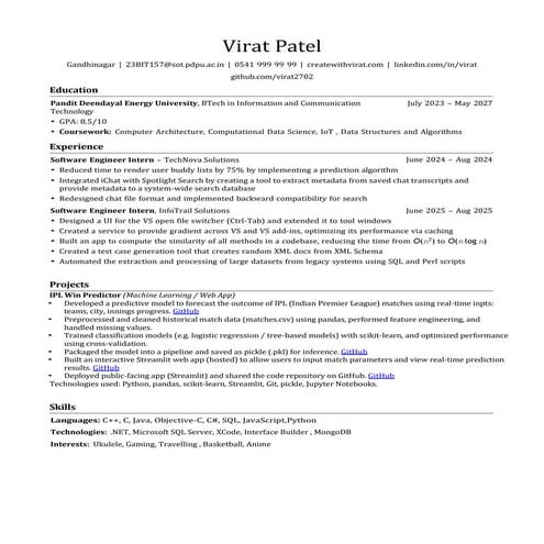 Resume - 23BIT157 Virat Patel as Software Engineer