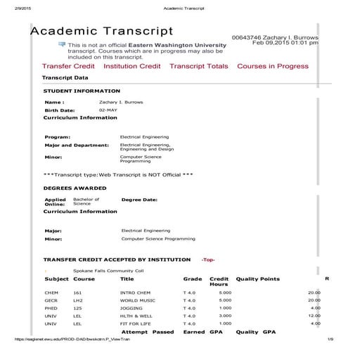 Zachary Burrows - Academic Transcript