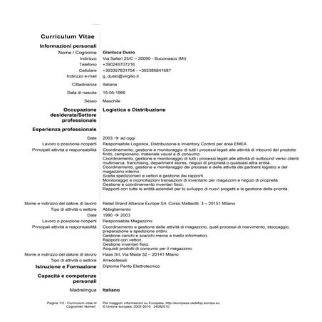 Curriculum Vitae Gianluca Dusio