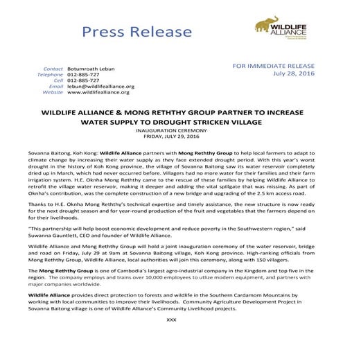 Wildlife Alliance Press Release