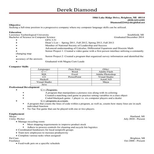 Derek Diamond Resume 4 - March 2015