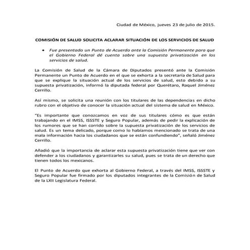 COMISIÓN DE SALUD SOLICITA ACLARAR SITUACIÓN DE LOS SERVICIOS DE SALUD (boletín)