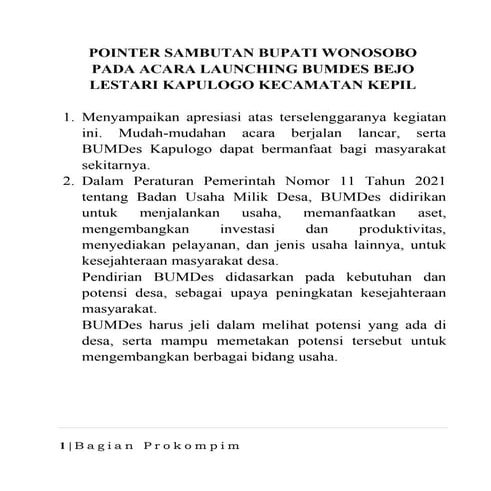 23 juni, sambutan bupati pembukaan bumdes kapulogo kepil 