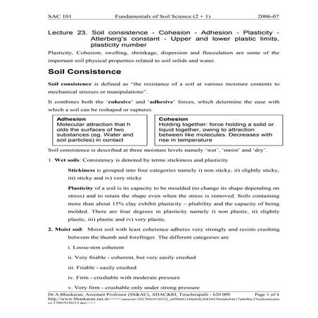 Soil consistence - Cohesion - Adhesion - Plasticity - Atterberg’s constant - ...
