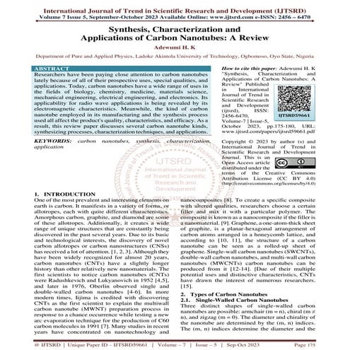Synthesis, Characterization and Applications of Carbon Nanotubes A Review