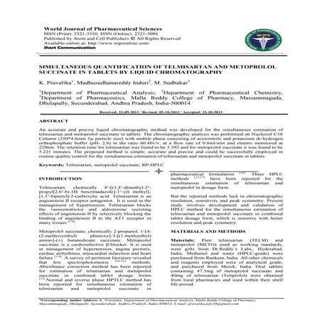 SIMULTANEOUS QUANTIFICATION OF TELMISARTAN AND METOPROLOL SUCCINATE IN TABLET...